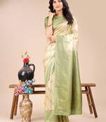 cream & light green banarasi Silk blend woven zari work tassel saree