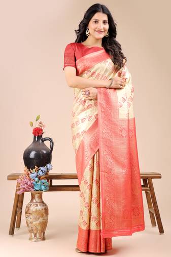 cream & red banarasi Silk blend woven zari work tassel saree