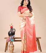 cream & red banarasi Silk blend woven zari work tassel saree