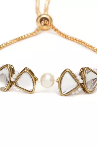 Golden triangle kundan & white pearl adjustable bracelet