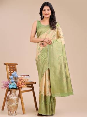 cream & light green banarasi Silk blend woven zari work tassel saree 1