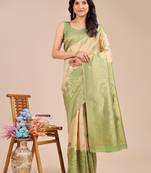 cream & light green banarasi Silk blend woven zari work tassel saree