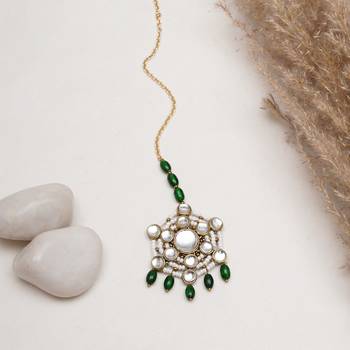 Pearl and kundan green stone maangtikka 1