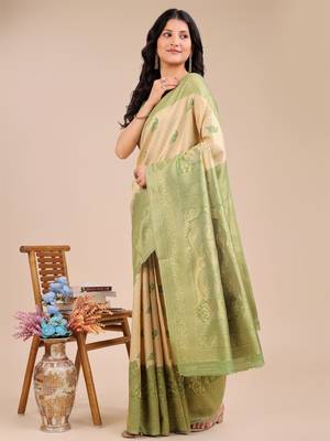 cream & light green banarasi Silk blend woven zari work tassel saree 2