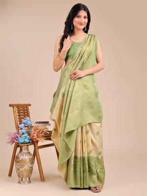 cream & light green banarasi Silk blend woven zari work tassel saree 3