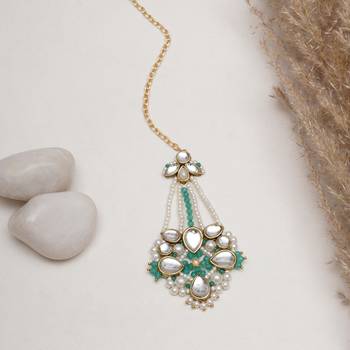 White pearl green beads maangtikka 1
