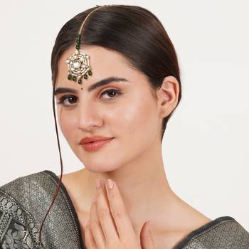 Pearl and kundan green stone maangtikka 2