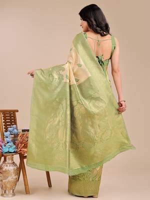 cream & light green banarasi Silk blend woven zari work tassel saree 4