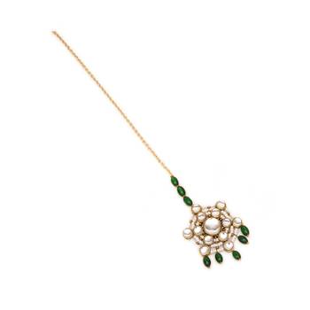 Pearl and kundan green stone maangtikka 3