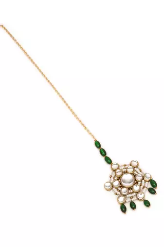 Pearl and kundan green stone maangtikka