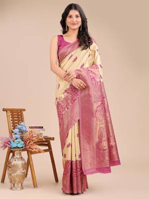 cream & magenta banarasi Silk blend woven zari work tassel saree 1