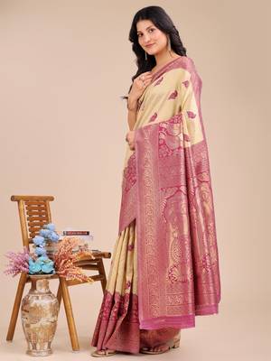 cream & magenta banarasi Silk blend woven zari work tassel saree 2
