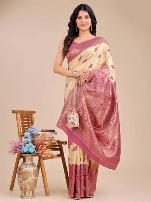 cream & magenta banarasi Silk blend woven zari work tassel saree 3