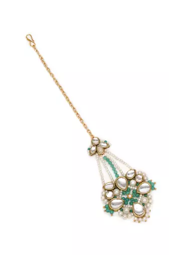 White pearl green beads maangtikka
