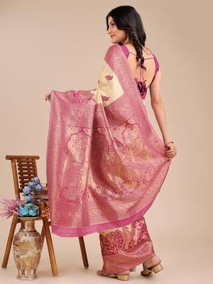 cream & magenta banarasi Silk blend woven zari work tassel saree 4