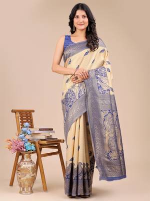 cream & navy blue banarasi Silk blend woven zari work tassel saree 1