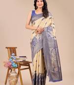 cream & navy blue banarasi Silk blend woven zari work tassel saree