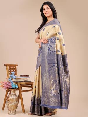 cream & navy blue banarasi Silk blend woven zari work tassel saree 2
