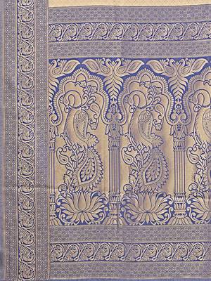 cream & navy blue banarasi Silk blend woven zari work tassel saree 5
