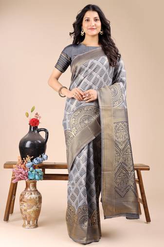 grey banarasi Silk blend woven zari work tassel saree