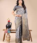grey banarasi Silk blend woven zari work tassel saree