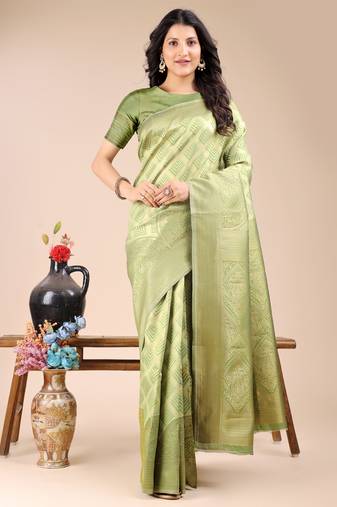 light green banarasi Silk blend woven zari work tassel saree