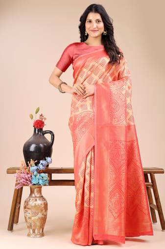 peach banarasi Silk blend woven zari work tassel saree