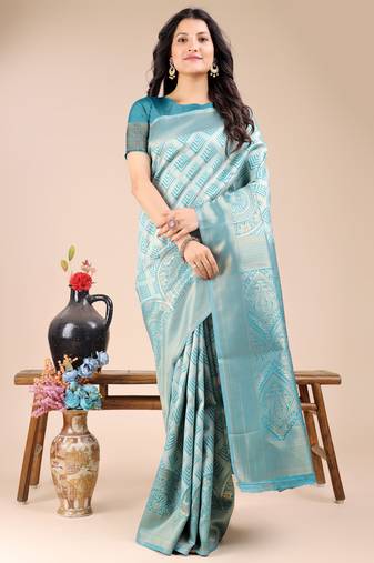 sea green banarasi Silk blend woven zari work tassel saree