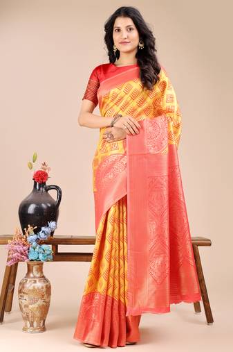 yellow & red banarasi Silk blend woven zari work tassel saree