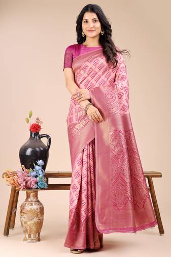 light pink banarasi Silk blend woven zari work tassel saree