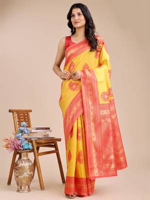 yellow & red banarasi Silk blend woven zari work tassel saree 1