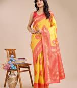 yellow & red banarasi Silk blend woven zari work tassel saree