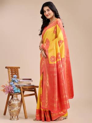 yellow & red banarasi Silk blend woven zari work tassel saree 2