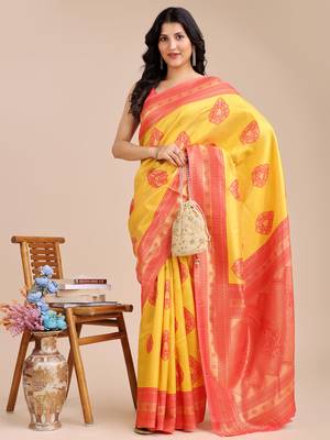 yellow & red banarasi Silk blend woven zari work tassel saree 3