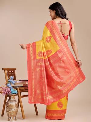 yellow & red banarasi Silk blend woven zari work tassel saree 4