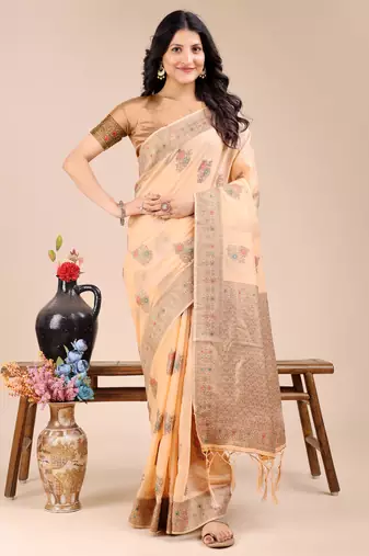 peach cotton woven zari work tassel saree