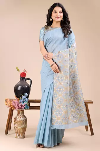 sky blue cotton woven zari work tassel saree
