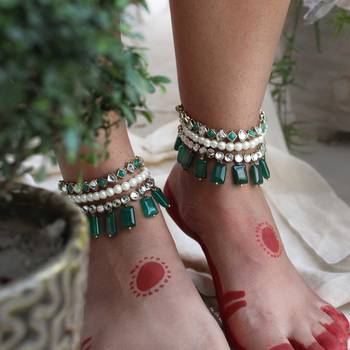 Green glass stone kundan adjustable anklet - set of 2 pieces 3