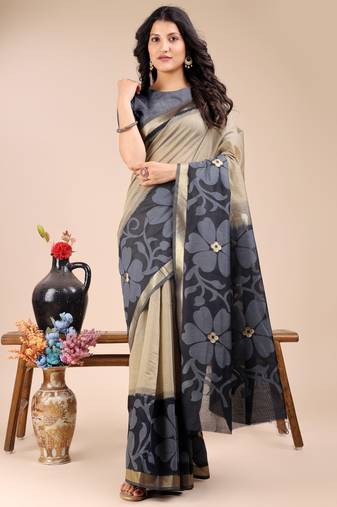 cream & black cotton woven zari work tassel saree