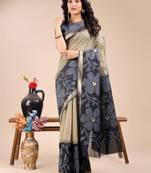 cream & black cotton woven zari work tassel saree