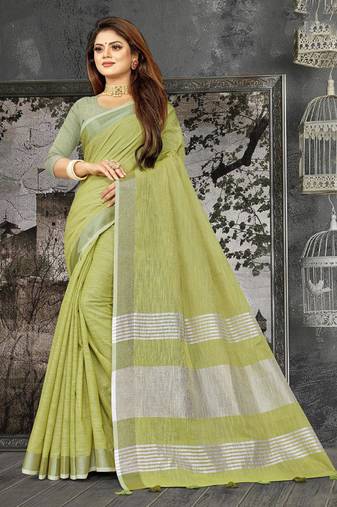 olive green linen cotton woven zari work tassel saree