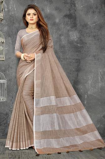 beige linen cotton woven zari work tassel saree