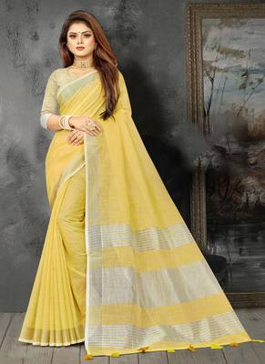 yellow linen cotton woven zari work tassel saree 1