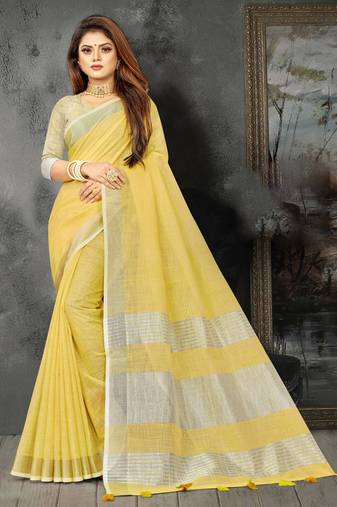 yellow linen cotton woven zari work tassel saree