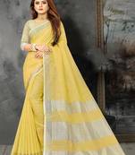 yellow linen cotton woven zari work tassel saree