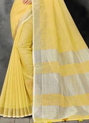 yellow linen cotton woven zari work tassel saree 3