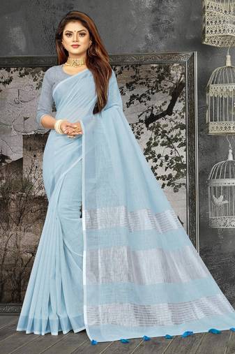 sky blue linen cotton woven zari work tassel saree