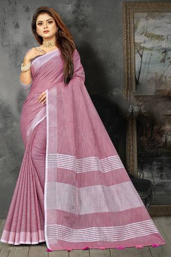 purple linen cotton woven zari work tassel saree