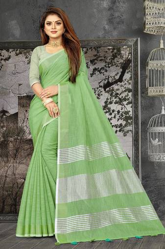 light green linen cotton woven zari work tassel saree