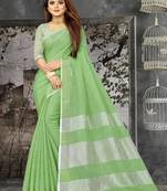 light green linen cotton woven zari work tassel saree